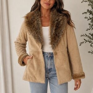 Vintage Tan Suede Leather Faux Fur Trim Penny Lane Coat Large st johns bay boho